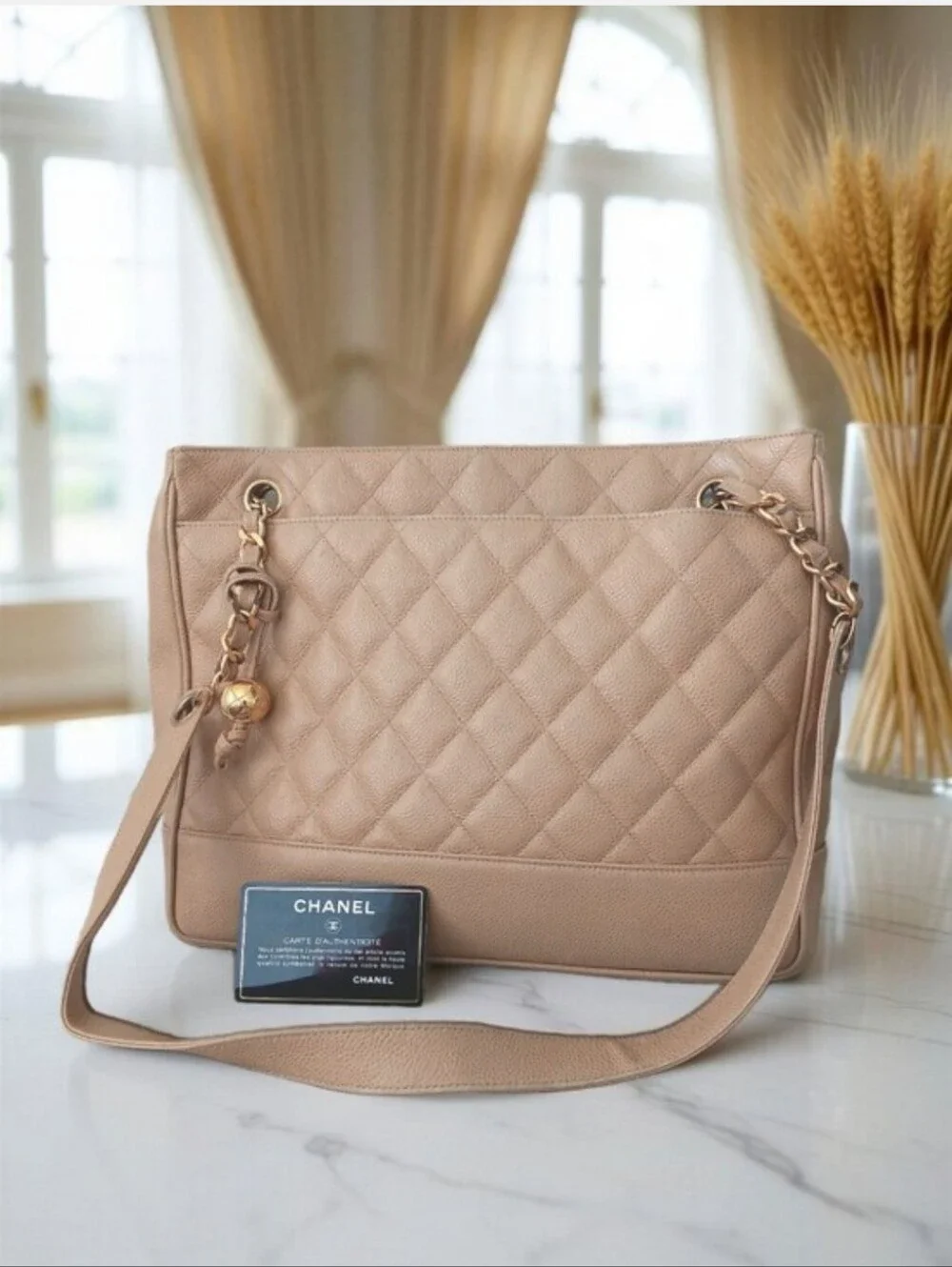 Chanel Vintage Beige Caviar Leather Quilted Tote 24K Gold Plated ✨️ COA